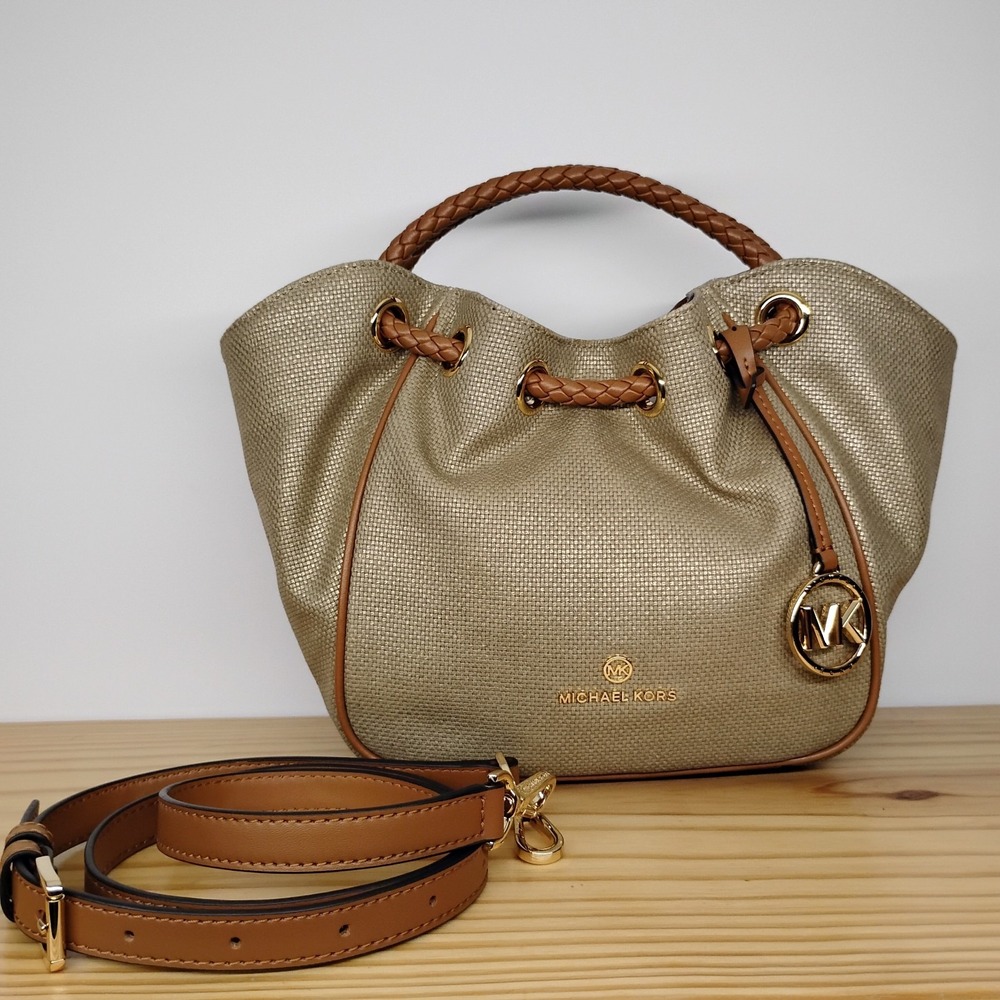 Michael Kors Montauk Gold Metallic Canvas Bucket Bag Purse Crossbody Strap MK